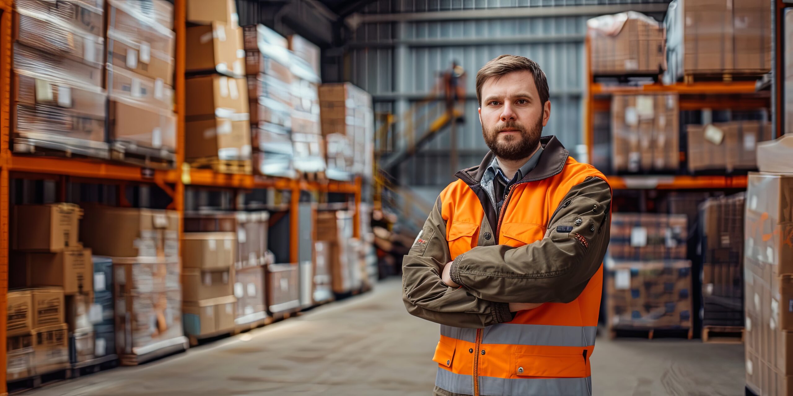 Warehouse worker wearing full protective equipment