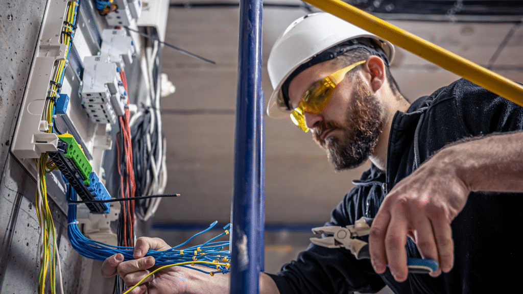 Ingénieur avec casque à côté d'une armoire électrique