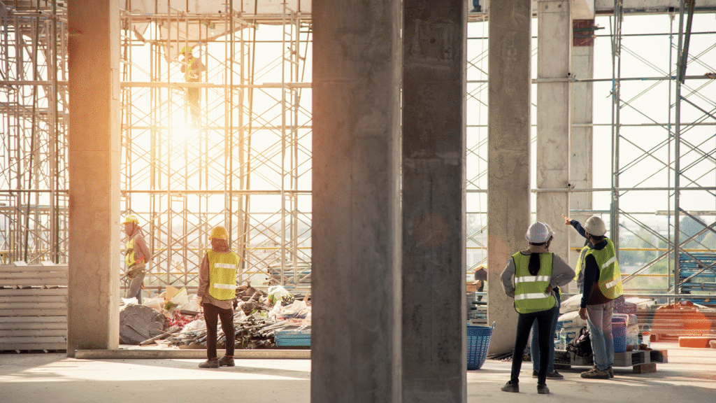 Structure en béton avec des ouvriers sur site