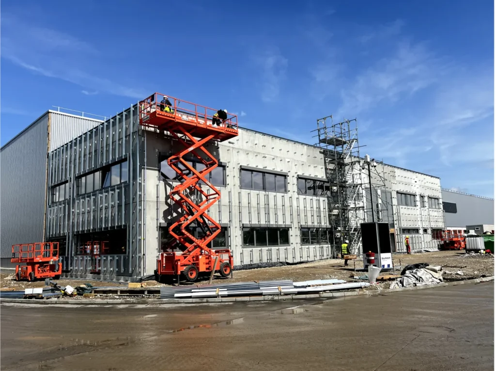 Facade works on a building using access lifts