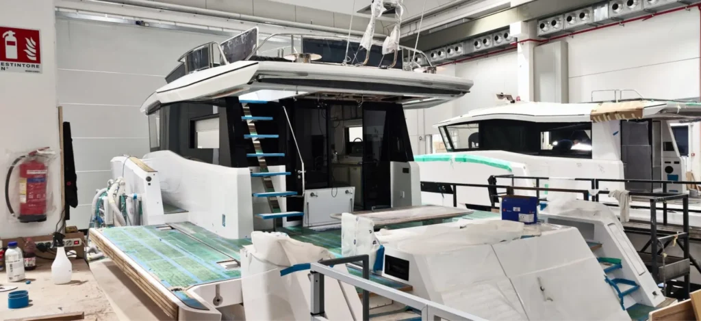 Yacht under construction in a shipyard hall